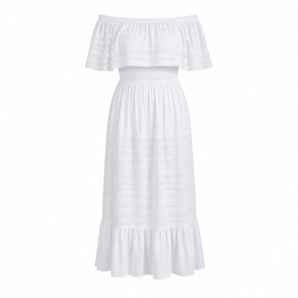 White Naoo Nation Maxi Dress Boho Gauze off-Shoulder Pheasant Size Large India